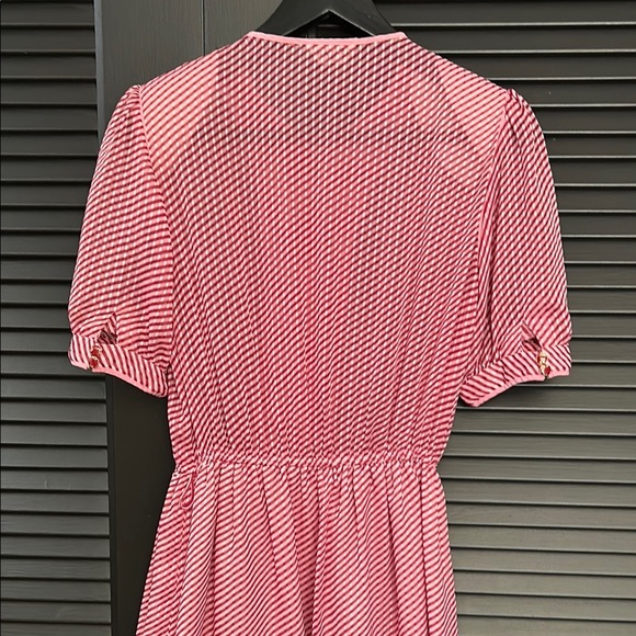 Adorable Vintage Coquette Striped Red and Pink Dress with Puff Sleeves, Size - Picture 15 of 16